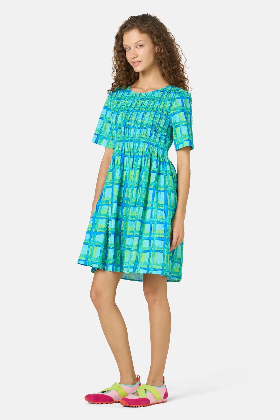 Montage Check Shirring Dress - Image 3